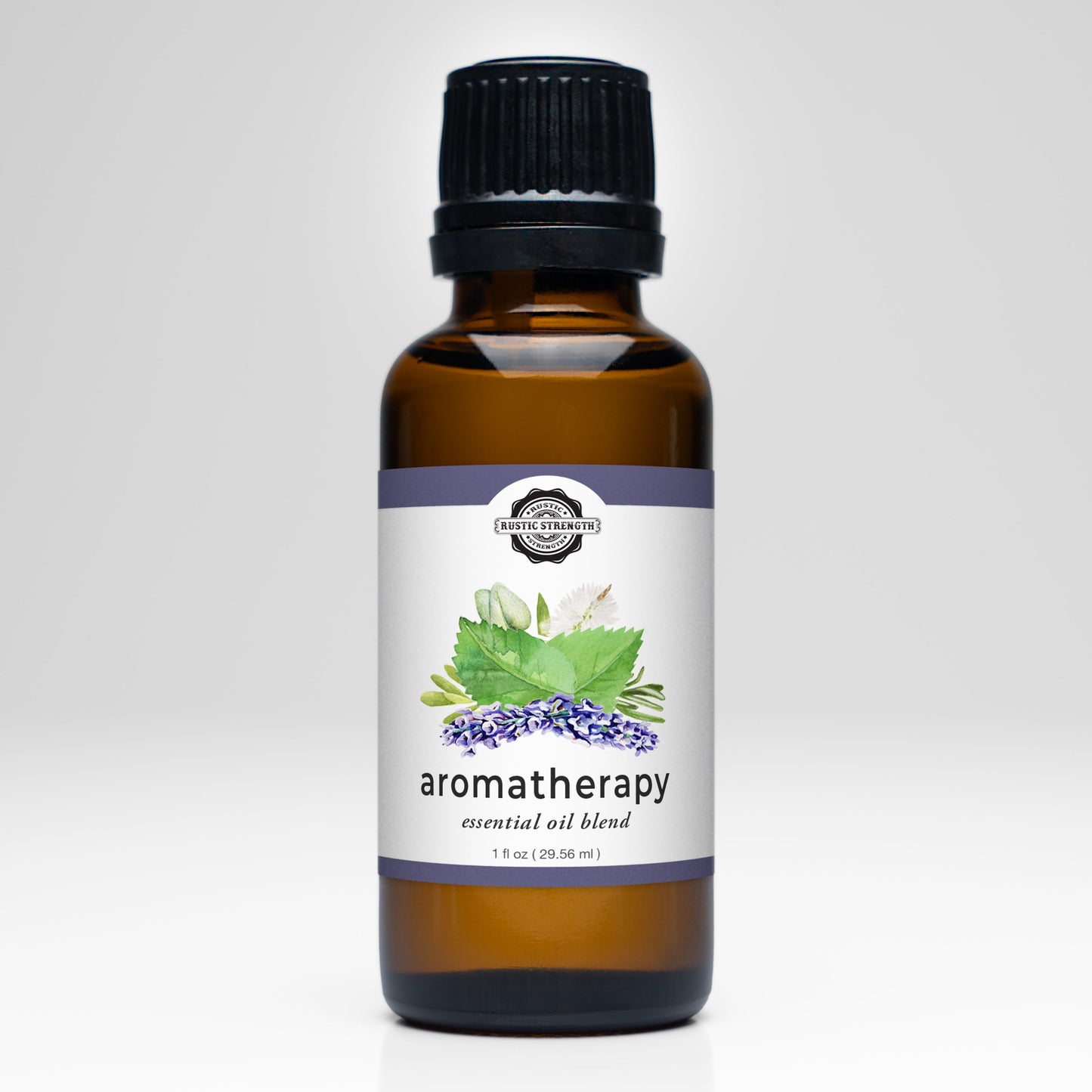 Rustic Strength aromatherapy essential oil scent blend in a glass bottle, with natural herbal and floral notes visible.