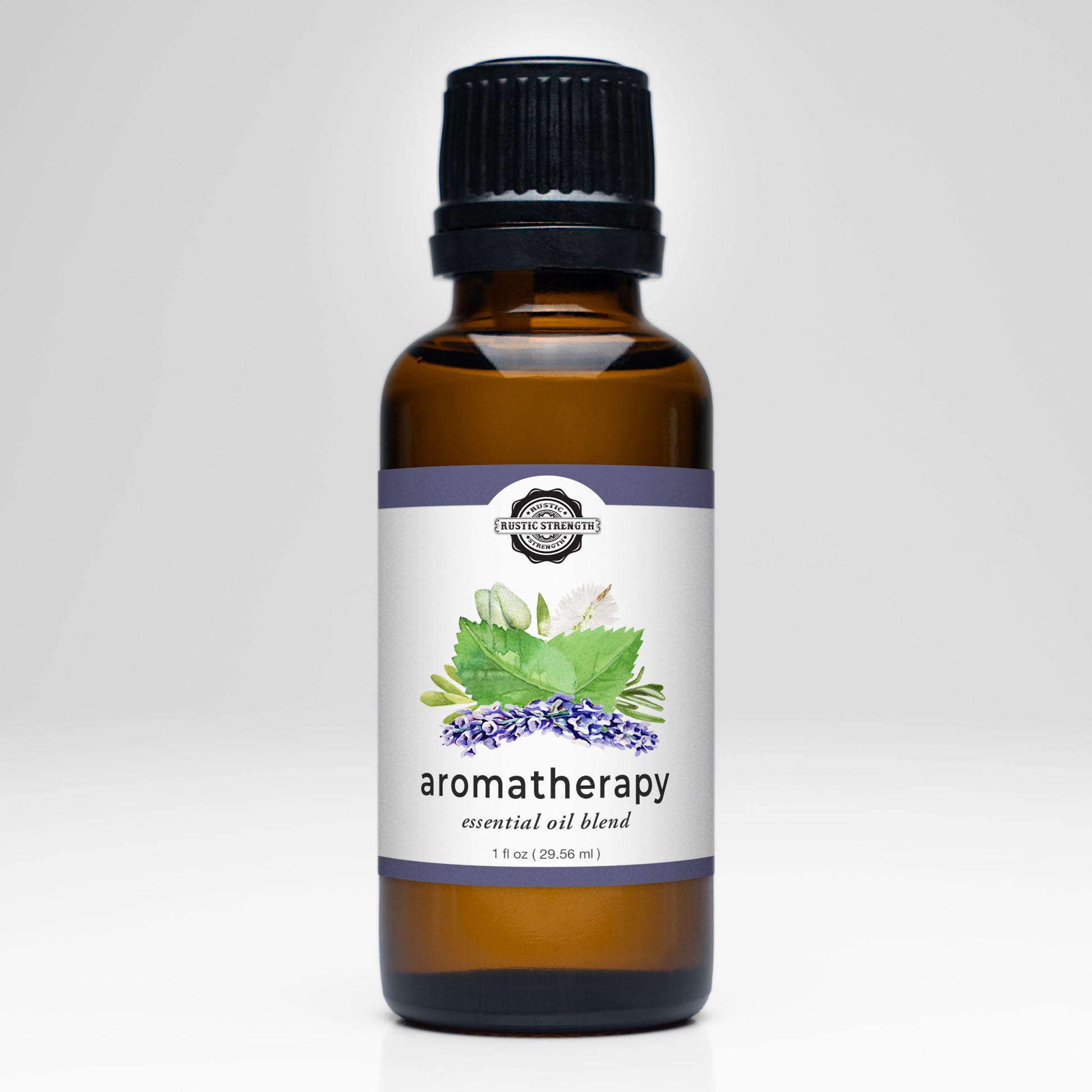 Rustic Strength aromatherapy essential oil scent blend in a glass bottle, with natural herbal and floral notes visible.