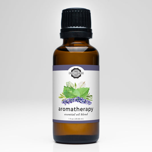 Rustic Strength aromatherapy essential oil scent blend in a glass bottle, with natural herbal and floral notes visible.