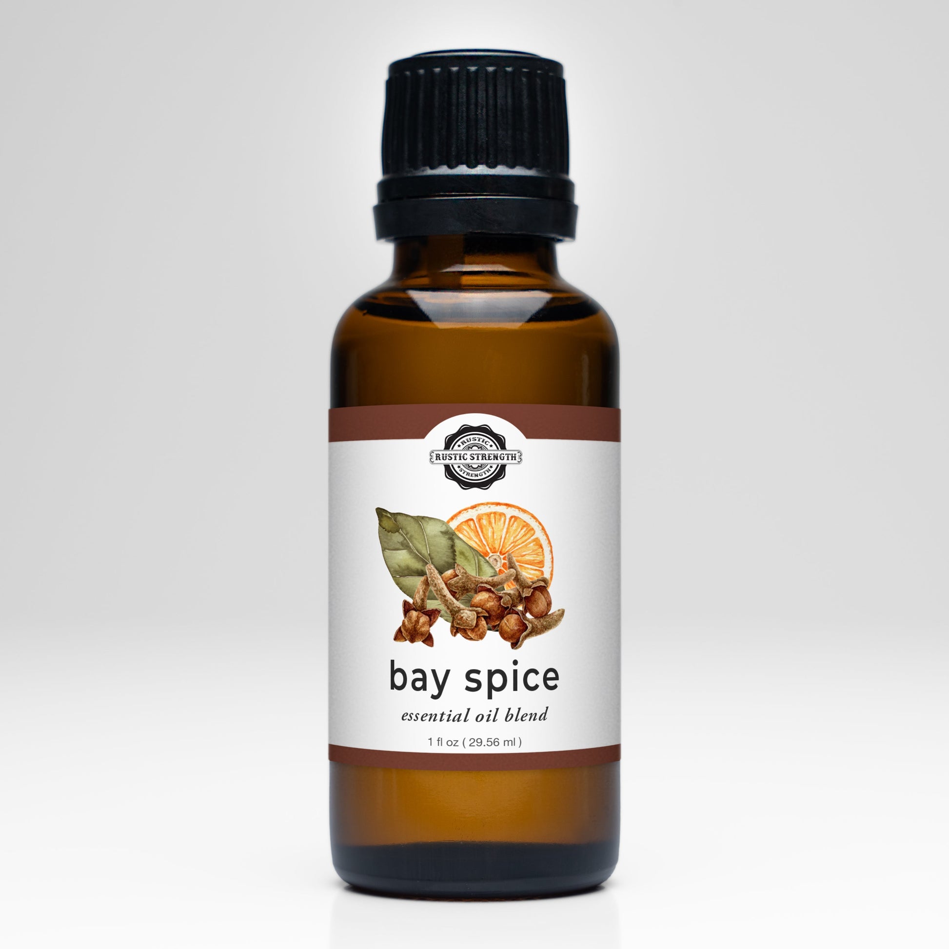 Rustic Strength Bay Spice Essential Oil Blend scent bottle with a natural label and cap, showcasing the aromatic oil inside.