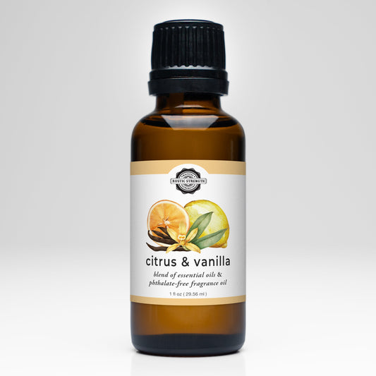 Rustic Strength Citrus & Vanilla essential oil and fragrance oil blend in a clear glass bottle, showcasing a natural scent combination.