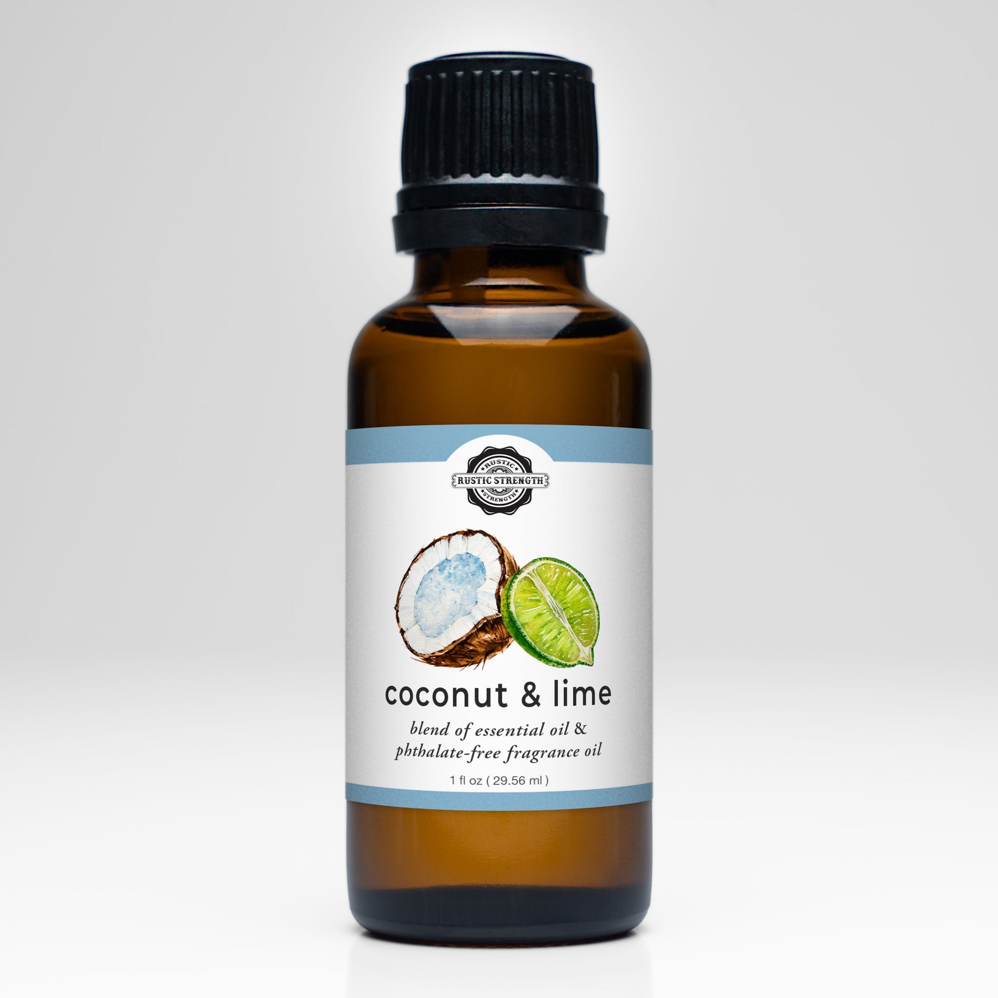 Rustic Strength Coconut & Lime essential oil and fragrance blend in a clear glass bottle with a white cap.