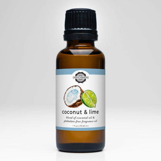 Rustic Strength Coconut & Lime essential oil and fragrance blend in a clear glass bottle with a white cap.