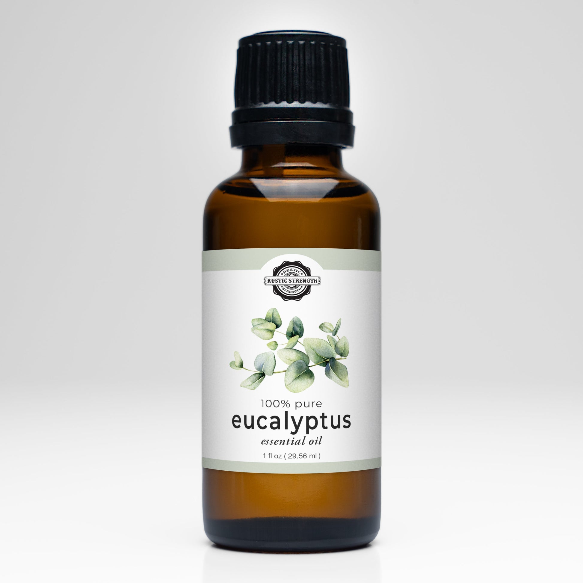 Rustic Strength eucalyptus essential oil scent bottle with dropper cap, showcasing the natural, aromatic oil in a clear glass bottle.