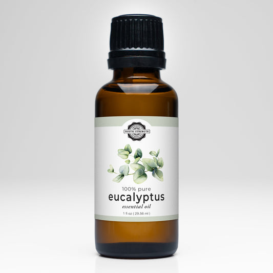Rustic Strength eucalyptus essential oil scent bottle with dropper cap, showcasing the natural, aromatic oil in a clear glass bottle.