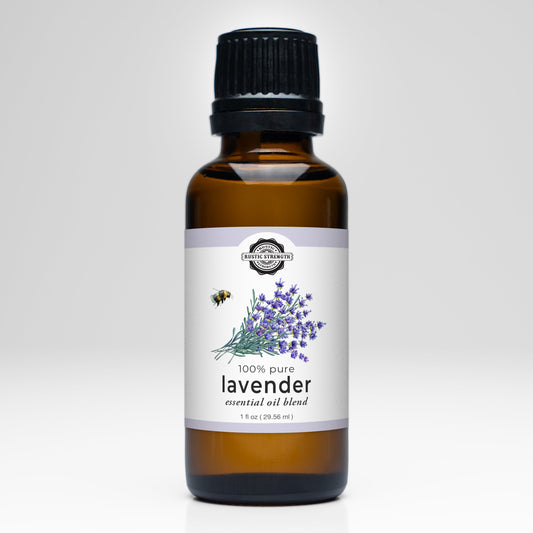 Rustic Strength Lavender Essential Oil scent bottle, clear glass container with lavender-colored label, aromatic natural essential oil.