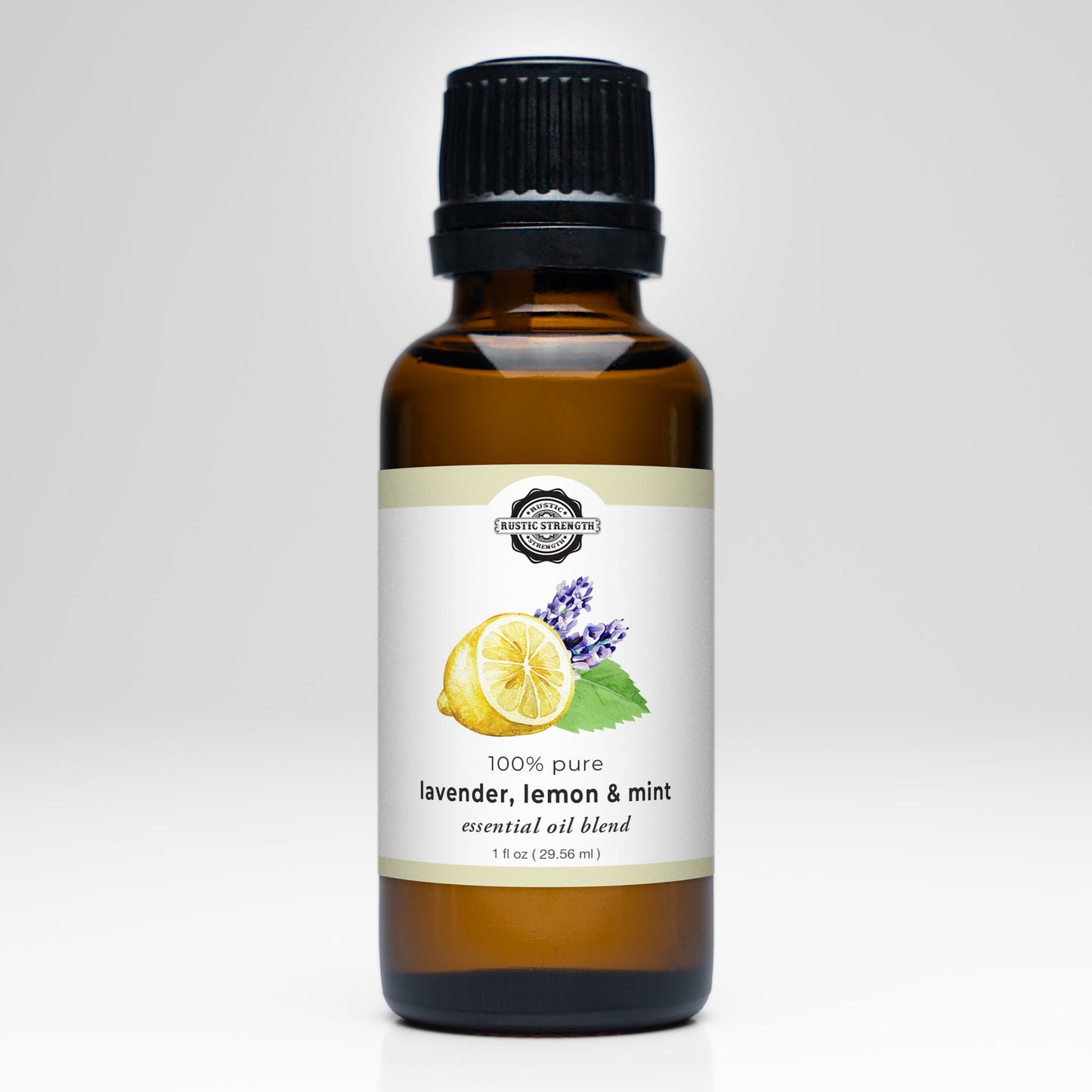 Rustic Strength Lavender, Lemon, and Mint Essential Oil Blend scent in a glass bottle with a white label, fresh and aromatic.