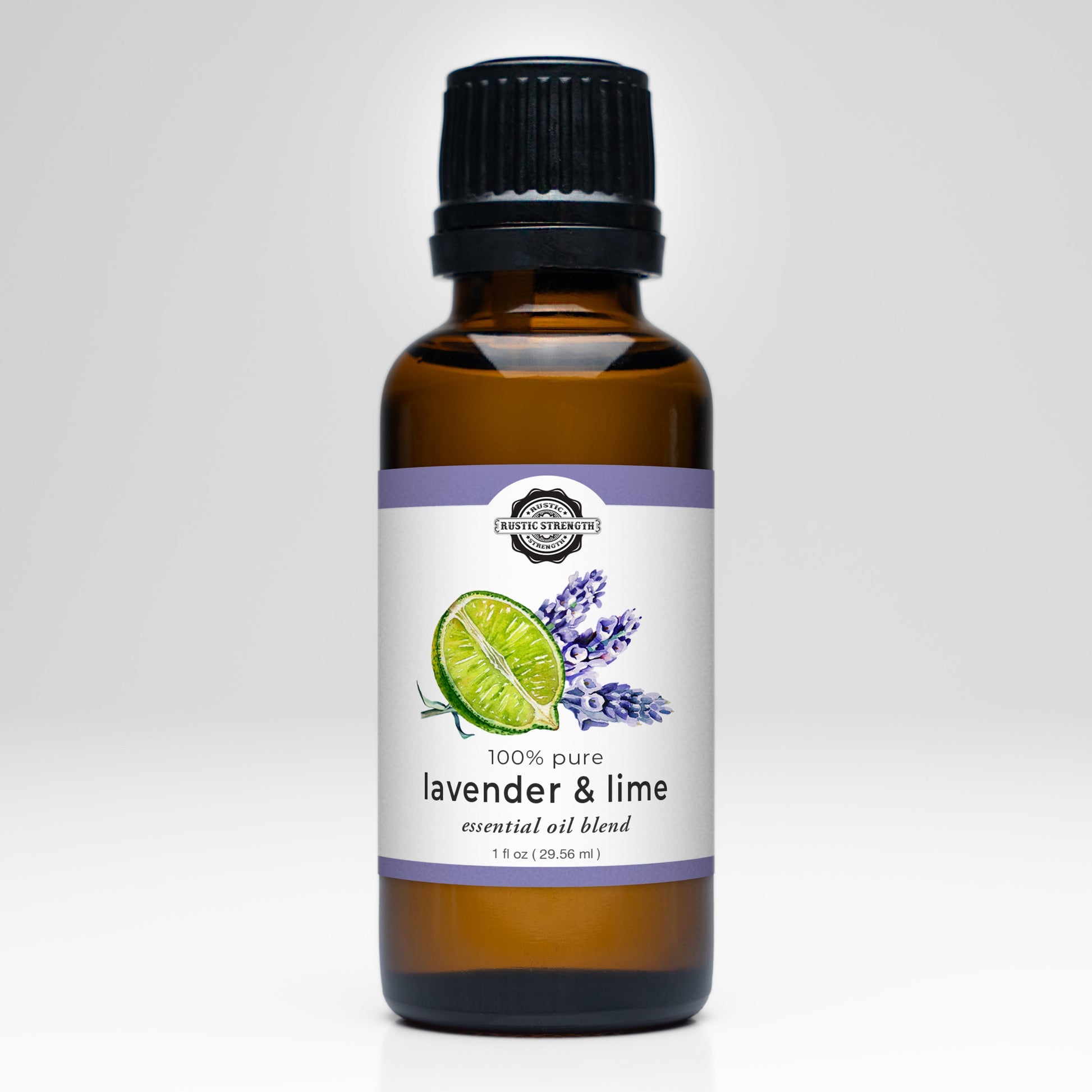 Rustic Strength Lavender & Lime Essential Oil Blend scent bottle, featuring a clear glass container with a white cap and colorful label.