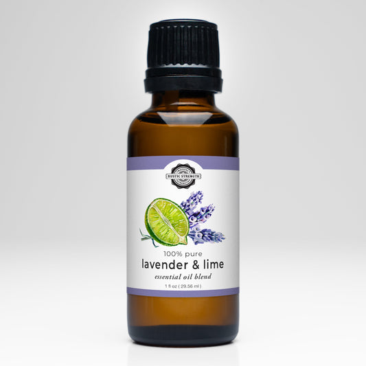 Rustic Strength Lavender & Lime Essential Oil Blend scent bottle, featuring a clear glass container with a white cap and colorful label.