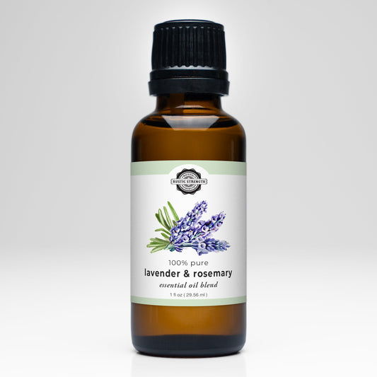 Rustic Strength Lavender & Rosemary Essential Oil Blend scent bottle with natural lavender and rosemary herbs.