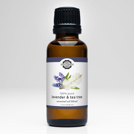 Rustic Strength Lavender & Tea Tree Essential Oil Blend scent bottle with natural lavender and tea tree aroma.
