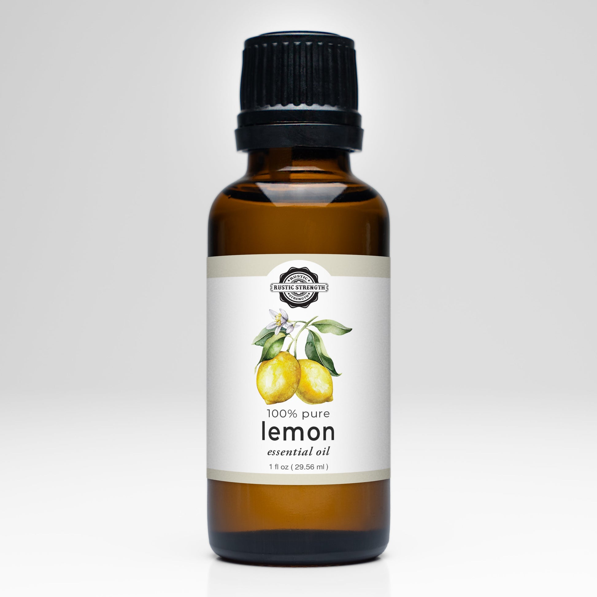 Rustic Strength Lemon Essential Oil bottle showing clear label and vibrant yellow liquid inside, used for natural scent and aromatherapy.