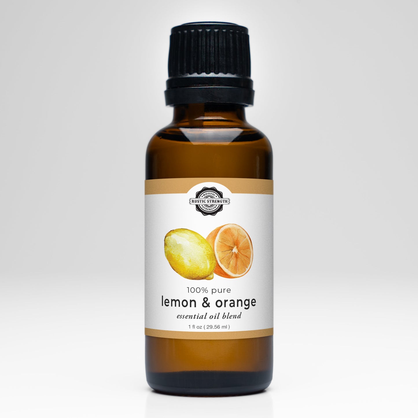 Rustic Strength Lemon & Orange Essential Oil Blend scent bottle, natural citrus aroma with fresh lemon and orange notes.
