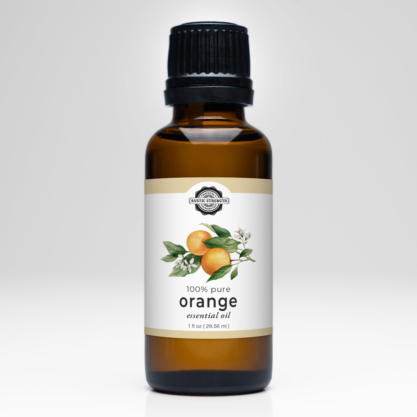 Rustic Strength orange essential oil scent bottle, golden-orange liquid in a glass container for aromatherapy and natural fragrance.