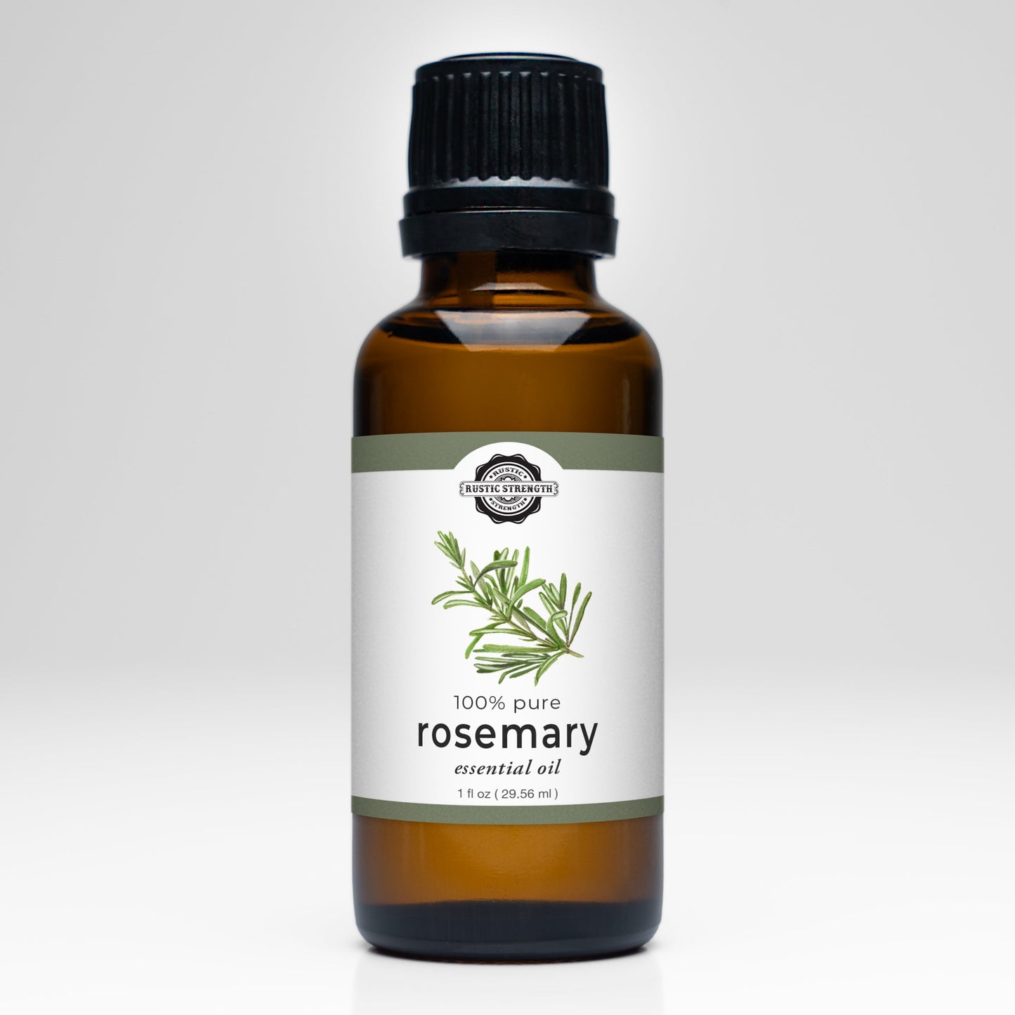 Rustic Strength Rosemary Essential Oil scent bottle with natural herbal aroma and clear label, highlighting the product's purity and quality.