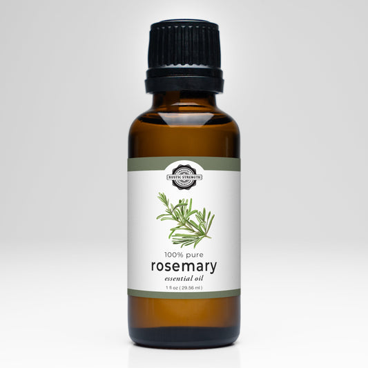Rustic Strength Rosemary Essential Oil scent bottle with natural herbal aroma and clear label, highlighting the product's purity and quality.