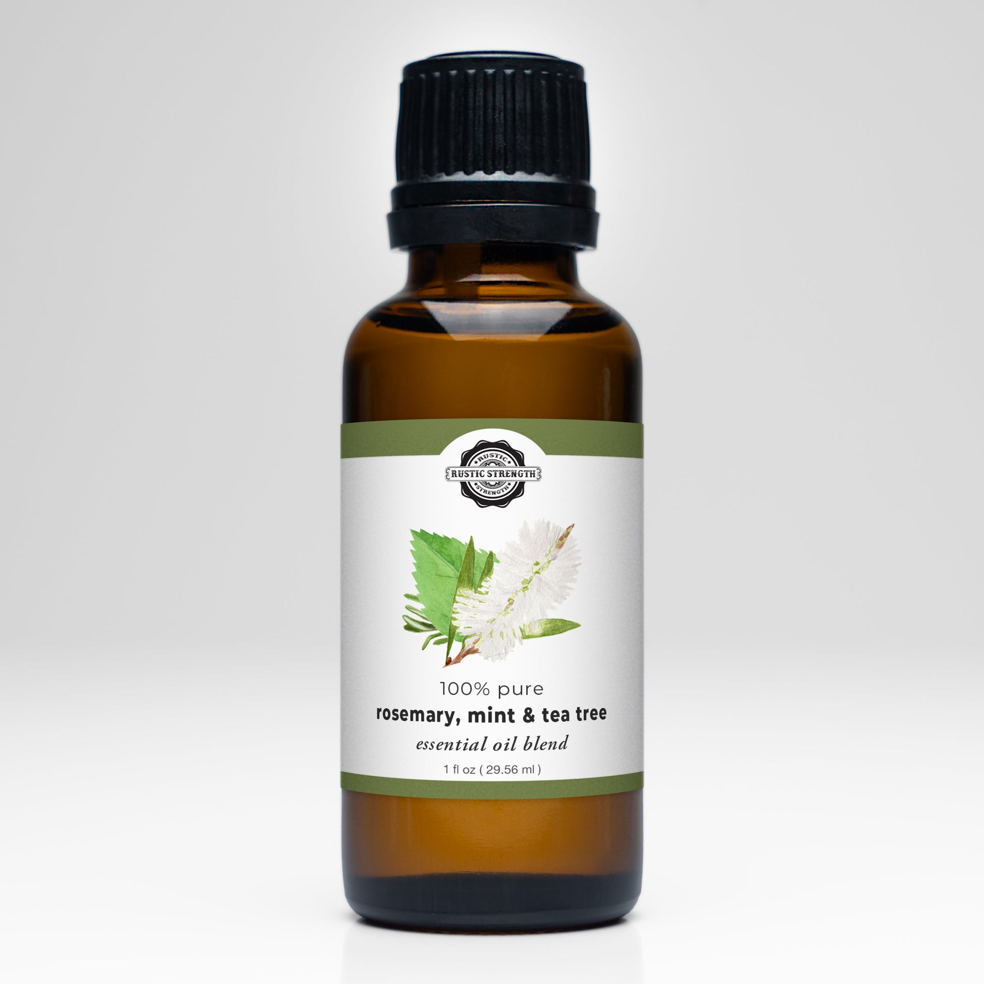 Rustic Strength Rosemary, Mint & Tea Tree Essential Oil Blend scent bottle with botanical ingredients visible.