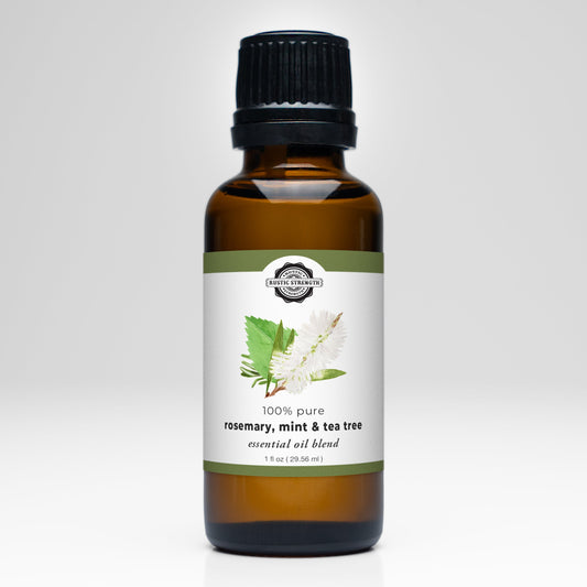 Rustic Strength Rosemary, Mint & Tea Tree Essential Oil Blend scent bottle with botanical ingredients visible.