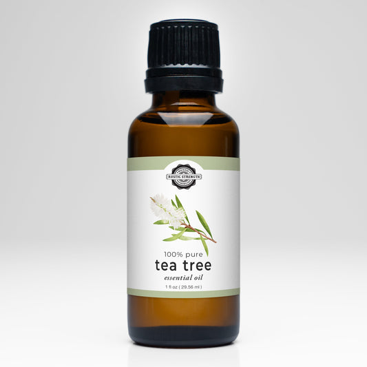 Rustic Strength Tea Tree Essential Oil scent bottle with dropper for natural aromatherapy and skin care.