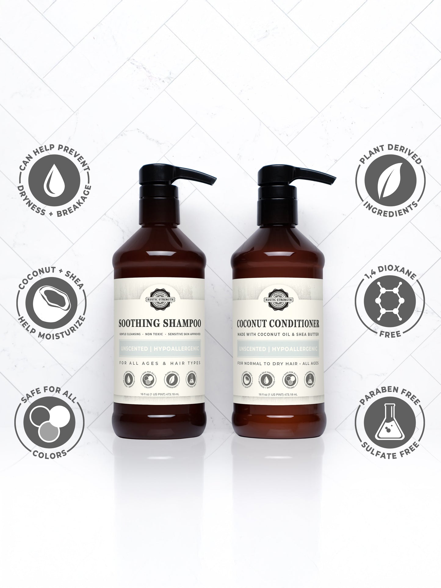 Rustic Strength Soothing Shampoo with lavender and tea tree, showing a 16 oz bottle with calming ingredients and natural styling.