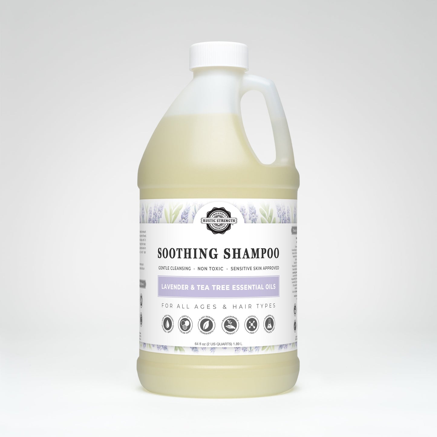 Rustic Strength Soothing Shampoo with lavender and tea tree, showing a 16 oz bottle with a natural, calming appearance.