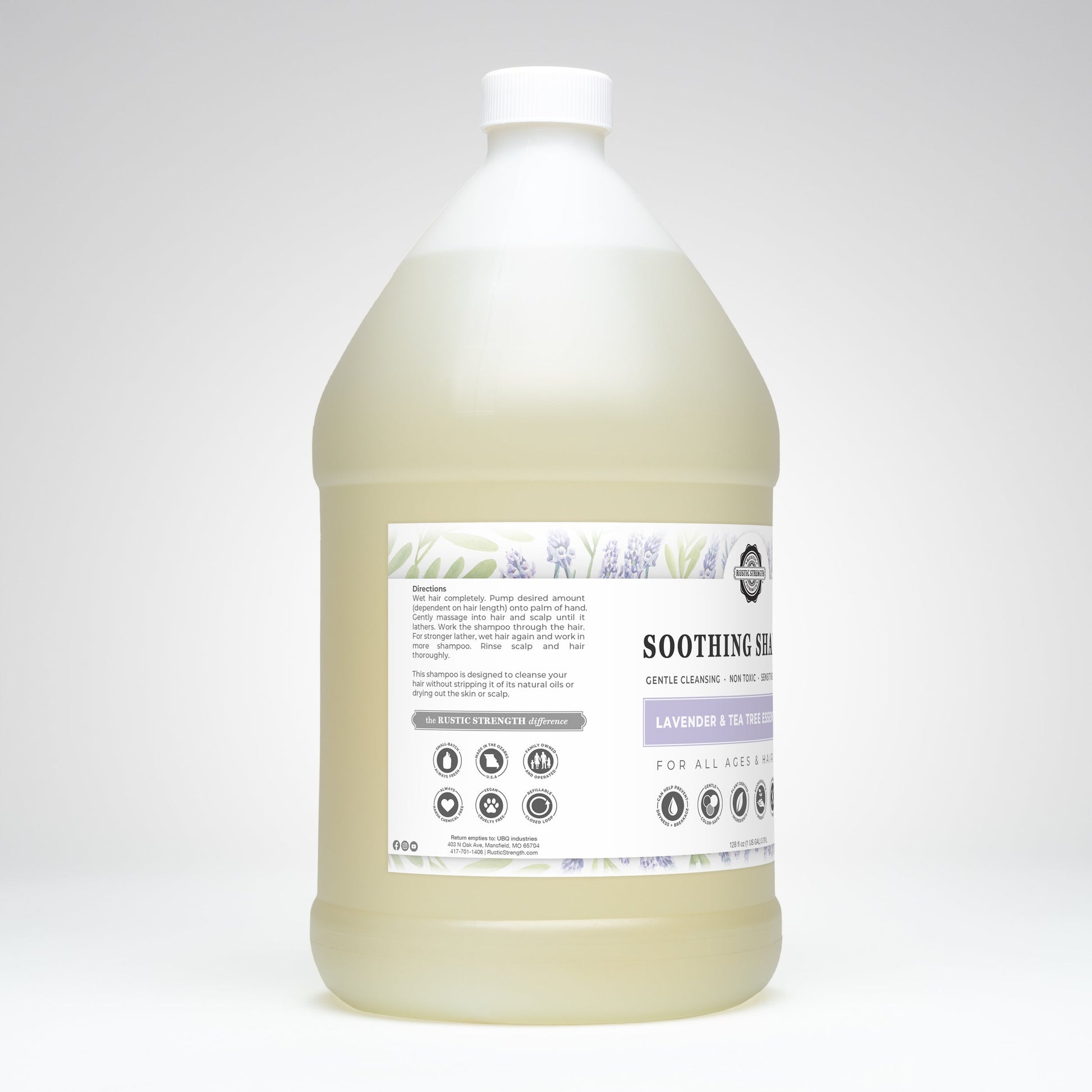 Rustic Strength Soothing Shampoo with lavender and tea tree for gentle hair cleansing, 16 oz bottle.
