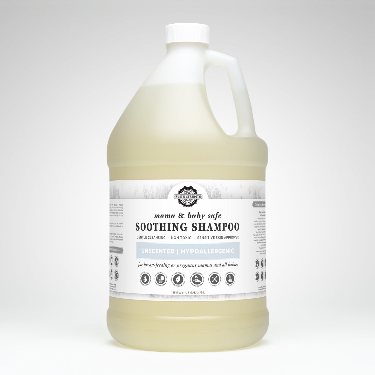 Rustic Strength Soothing Shampoo for Mama and Baby, 16 oz, gentle and safe for sensitive skin, with natural ingredients.