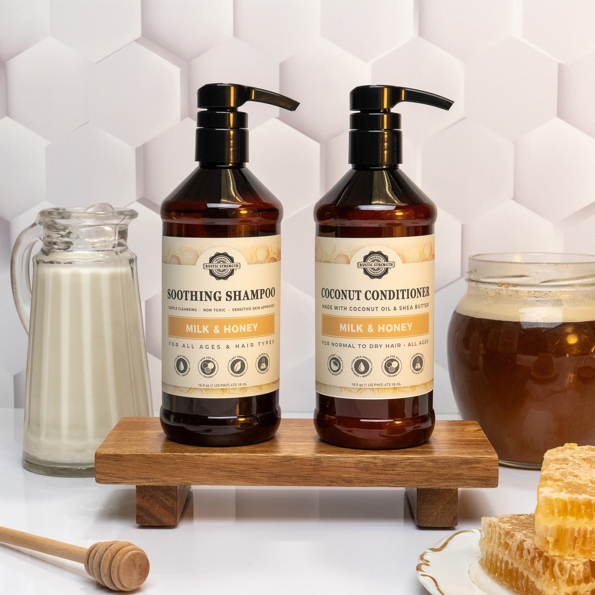 Rustic Strength Milk & Honey Soothing Shampoo in 16 oz bottle showing the label and product packaging.