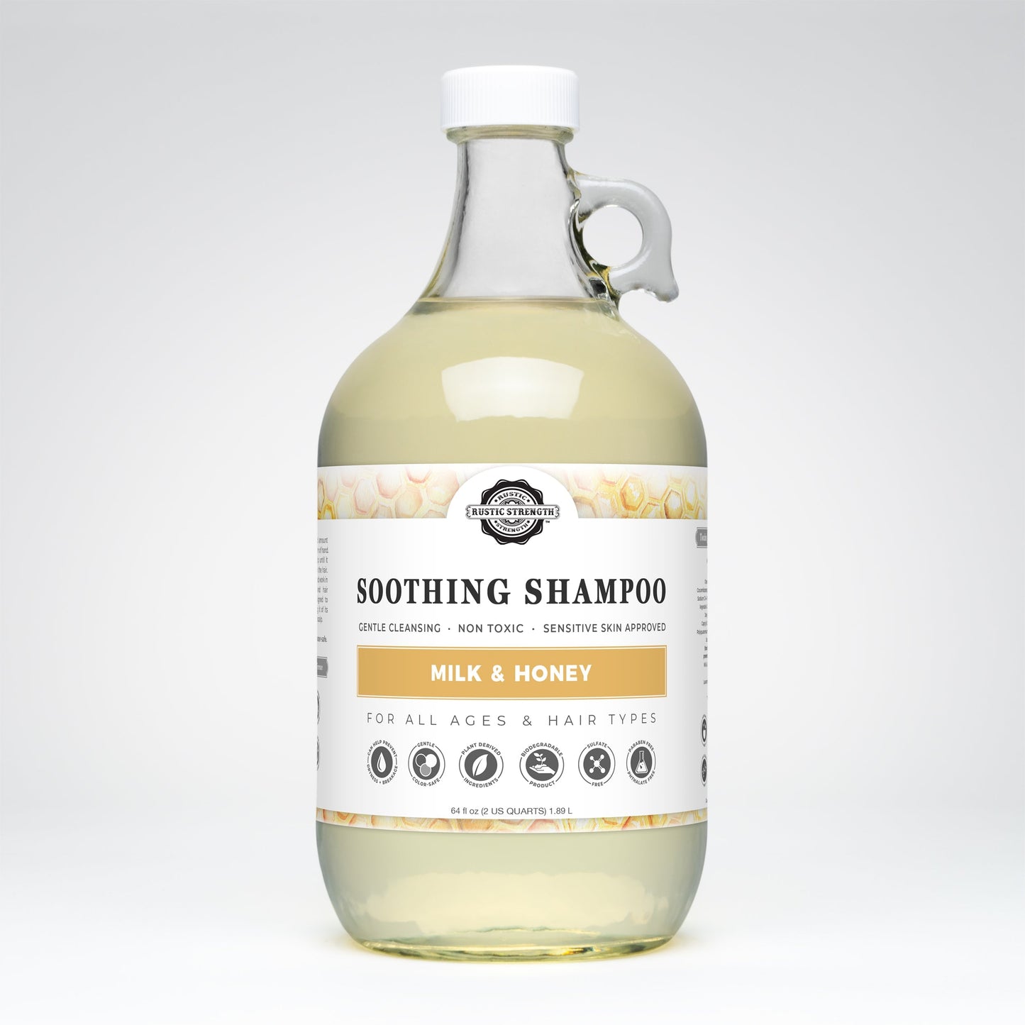 Rustic Strength Soothing Shampoo with Milk & Honey, 16 oz bottle, showcasing gentle formula and nourishing ingredients.