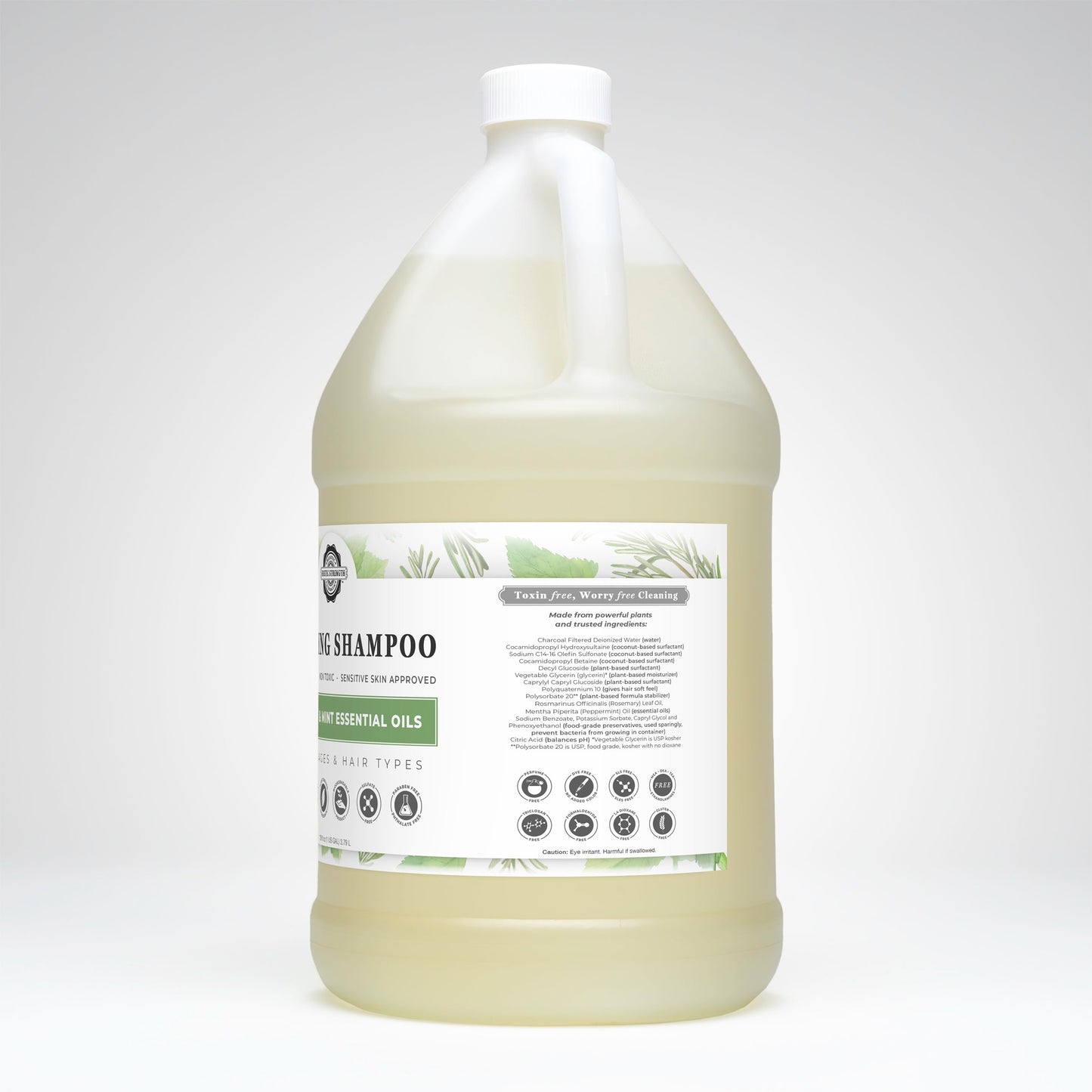 Rustic Strength Soothing Shampoo with rosemary and mint, showing a 16 oz bottle with fresh herbs and a clean, natural design.