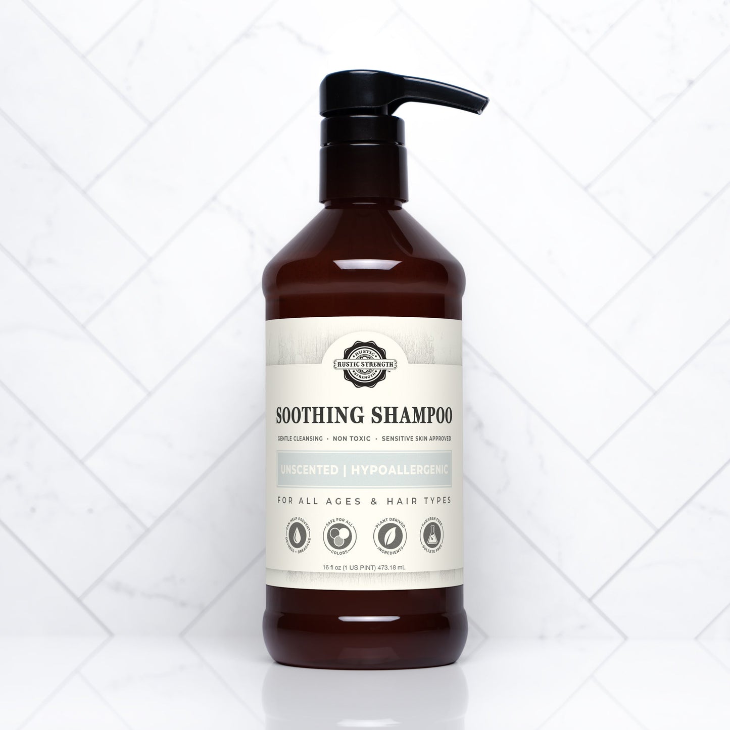 Rustic Strength Soothing Unscented Shampoo bottle showing the label and 16 oz size on a white background.
