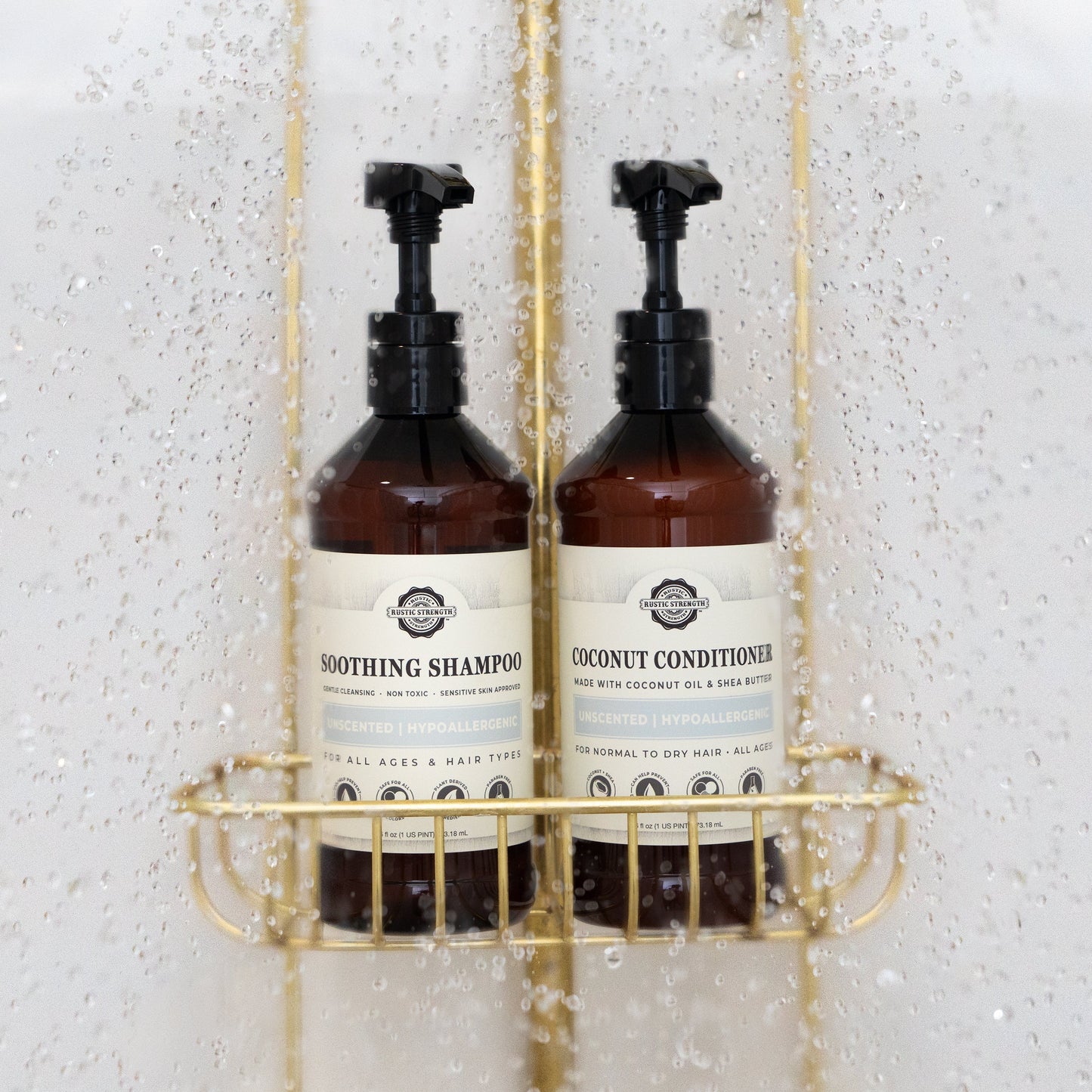 Rustic Strength Soothing Unscented Shampoo bottle, 16 oz, with a clean label and simple design on a white background.
