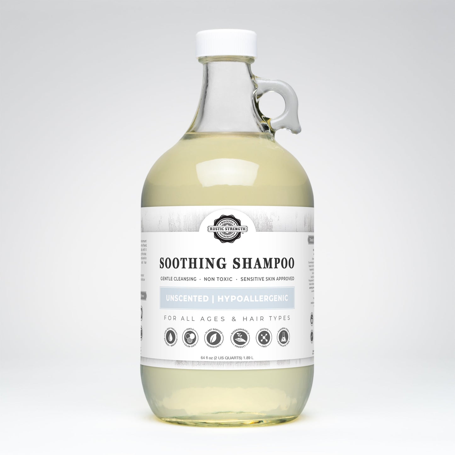 Rustic Strength Soothing Unscented Shampoo bottle, 16 oz, with a simple label and pump dispenser, designed for gentle hair cleansing.