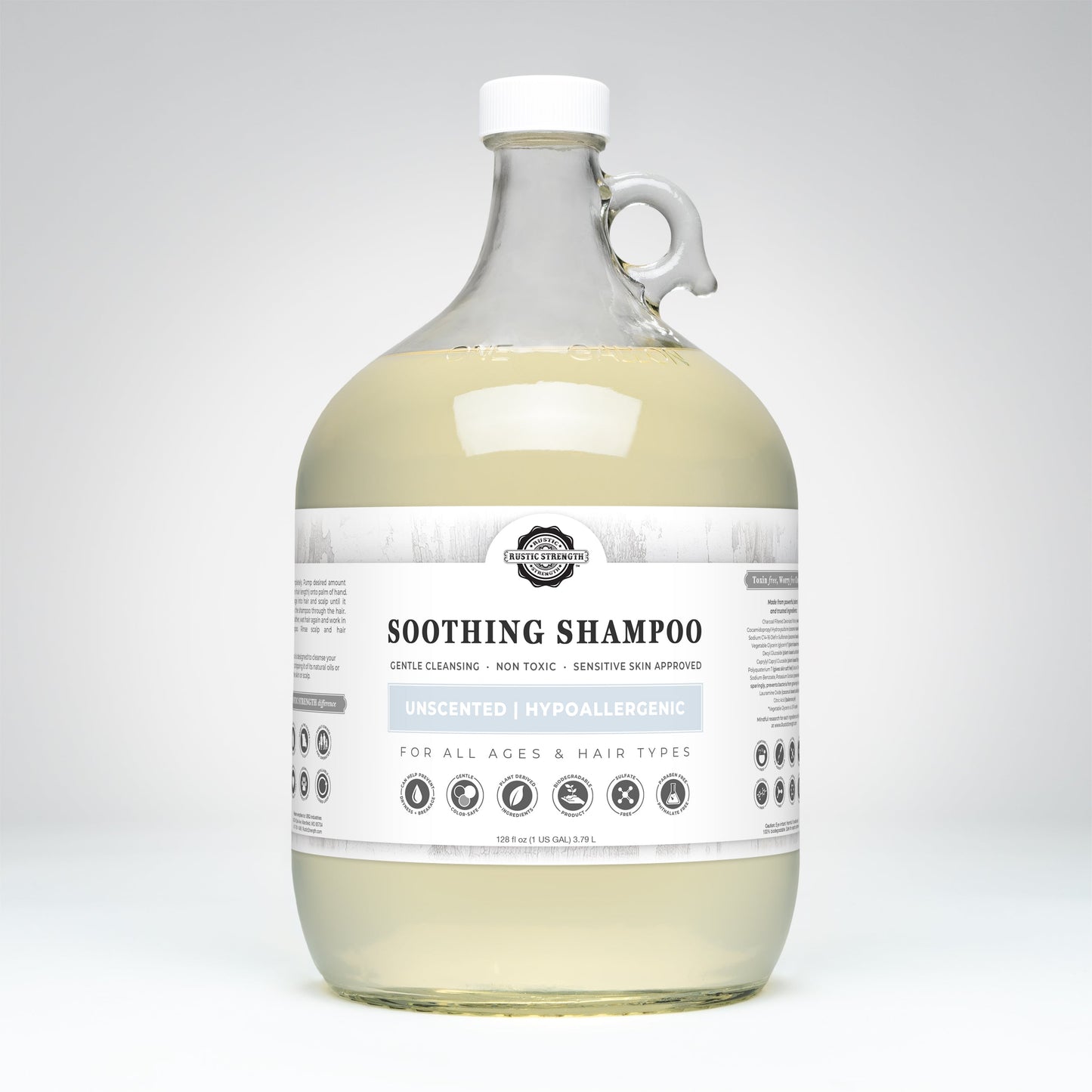 Rustic Strength Unscented Soothing Shampoo in a 16 oz bottle, featuring a clear bottle with a white pump dispenser.
