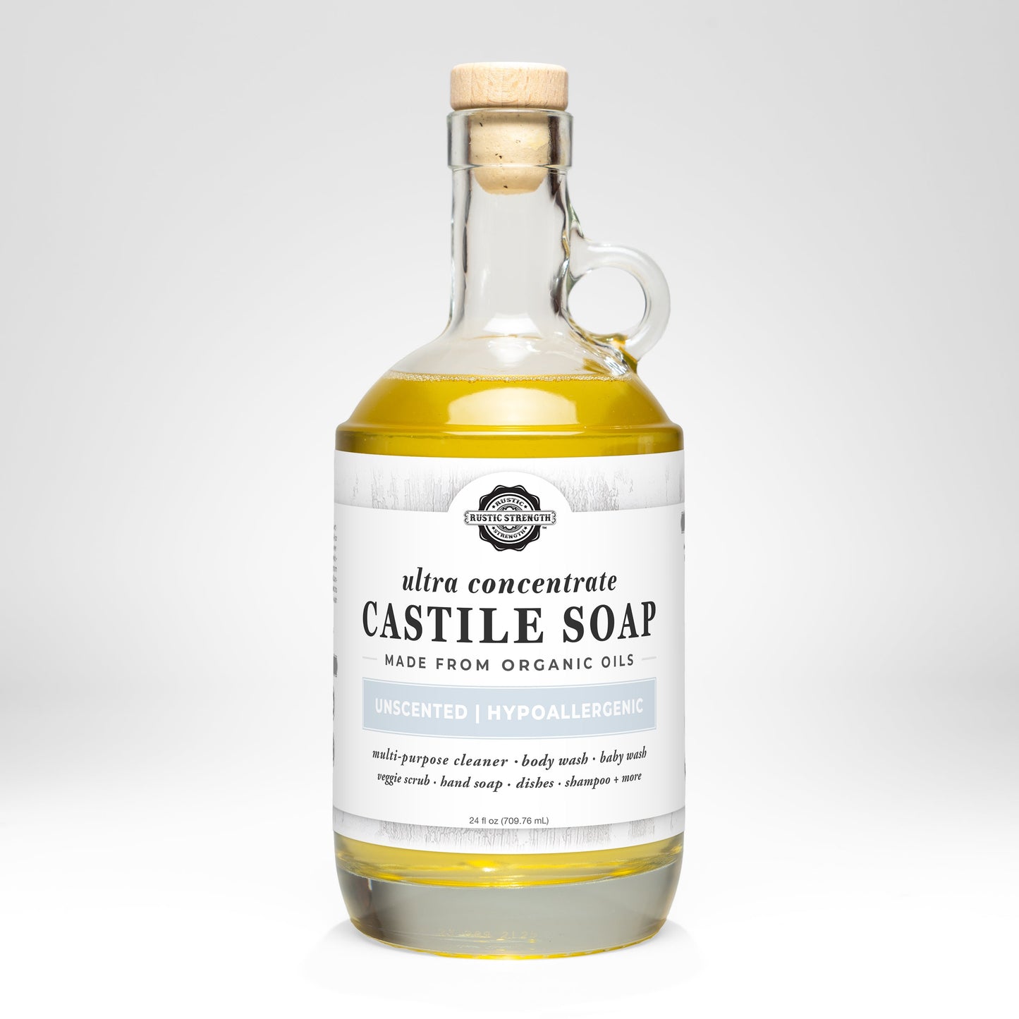 Rustic Strength Unscented Castile Soap in a 16 oz bottle with flip-top spout, ultra-concentrate natural soap for gentle cleaning.