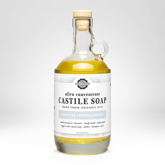 Rustic Strength Unscented Castile Soap in a 16 oz bottle with flip-top spout, ultra-concentrate natural soap for gentle cleaning.