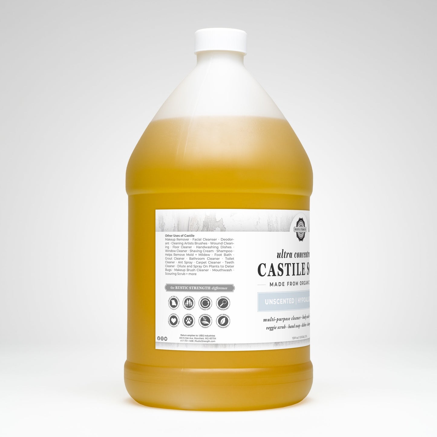 Rustic Strength unscented castile soap in a 16 oz bottle with flip-top spout, ultra-concentrate for versatile cleaning.