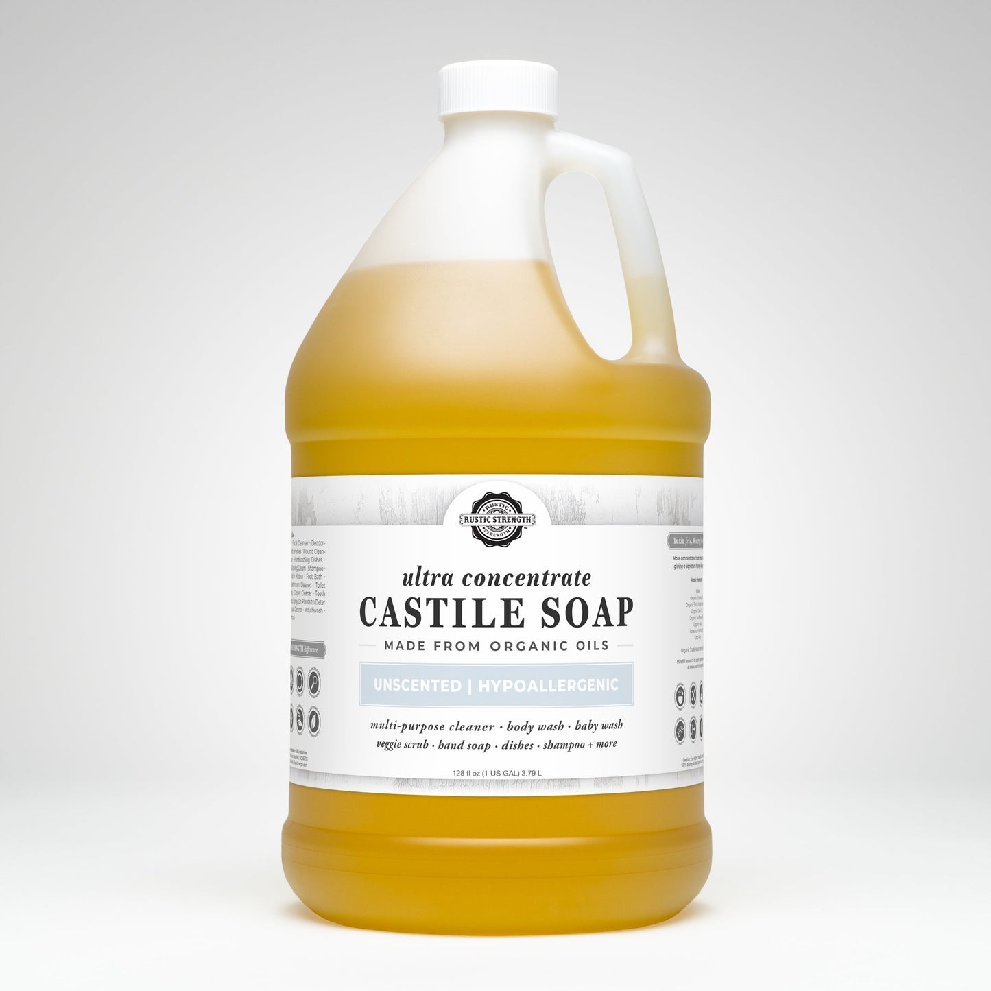 Rustic Strength unscented castile soap in a 16 oz bottle with flip-top spout, ultra-concentrate for gentle cleaning.
