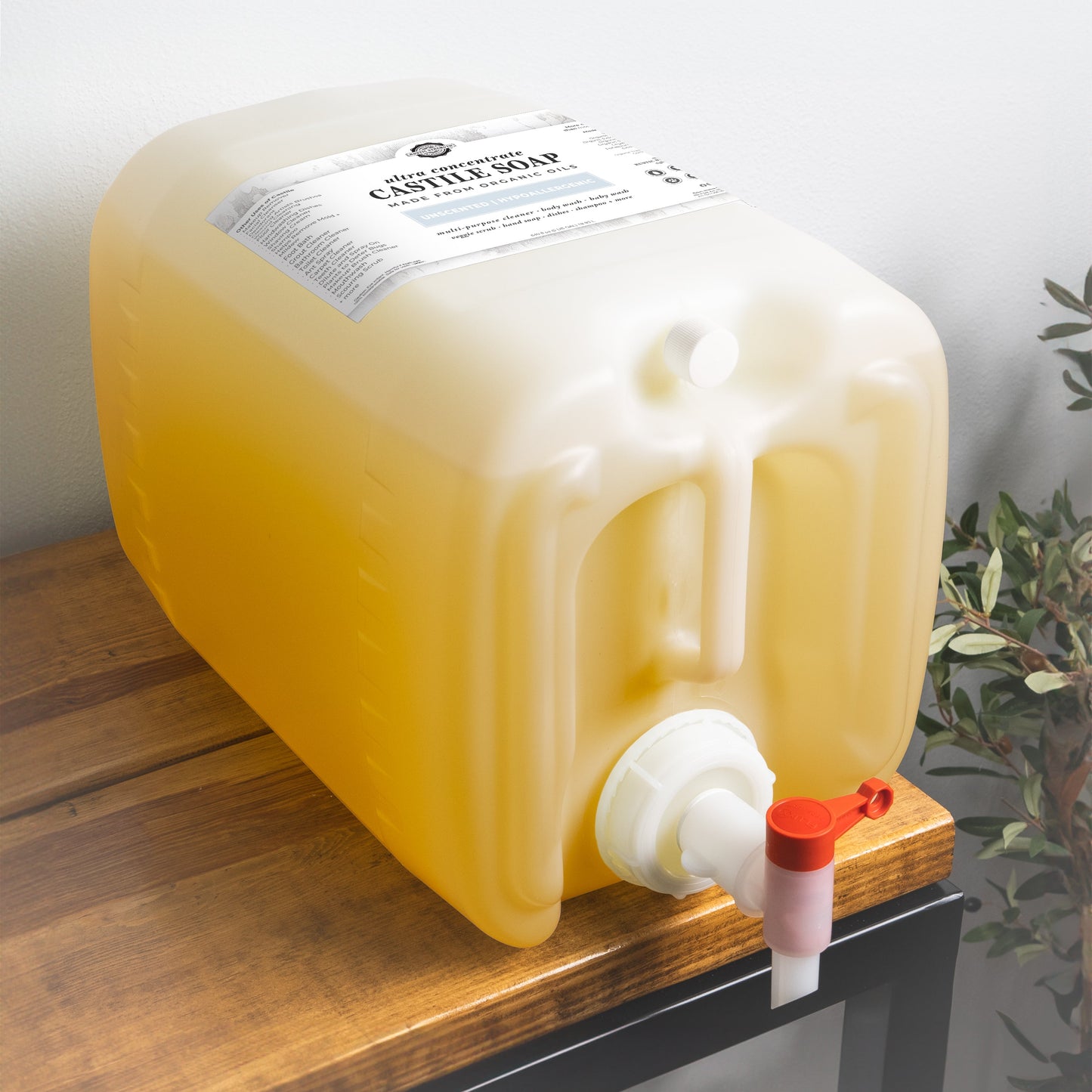 Rustic Strength unscented Castile soap in a 16 oz bottle with flip-top spout, ultra-concentrated natural soap for gentle cleaning.