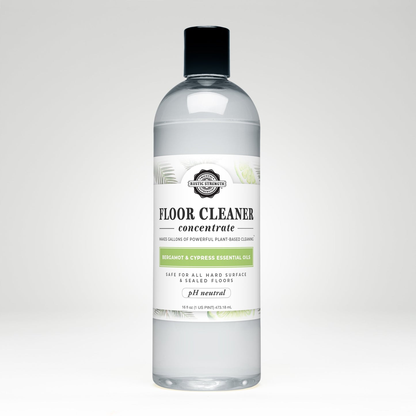 Rustic Strength Floor Cleaner Concentrate with bergamot and cypress, soap in 16 oz bottle with flip-top spout, natural cleaning solution