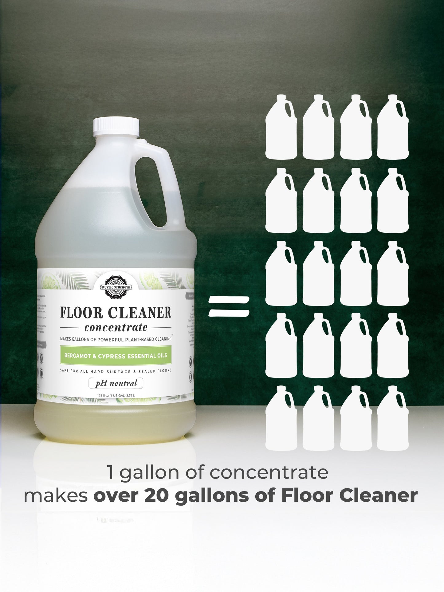 Rustic Strength Floor Cleaner Concentrate soap with bergamot and cypress scent, 16 oz bottle with flip-top spout.
