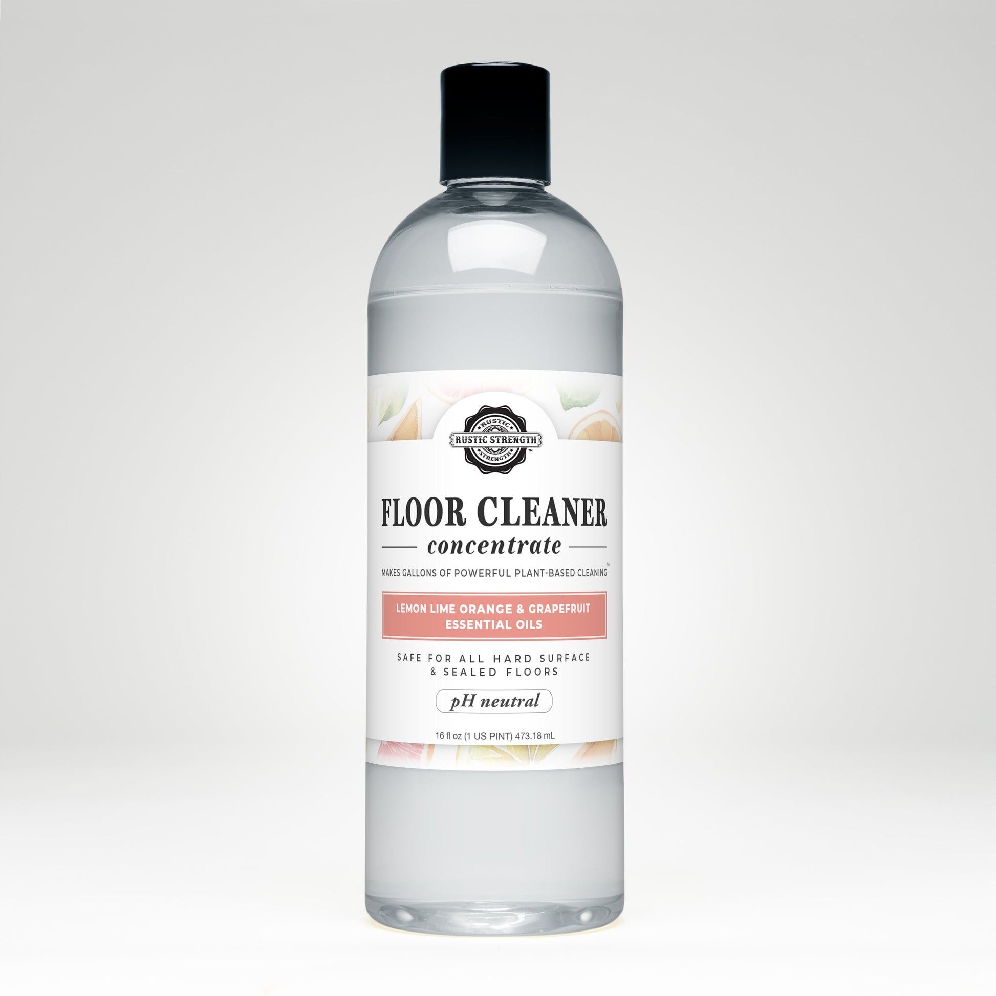 Rustic Strength Floor Cleaner Concentrate soap in 16 oz bottle with flip-top spout, citrus scents of lemon, lime, orange, and grapefruit.