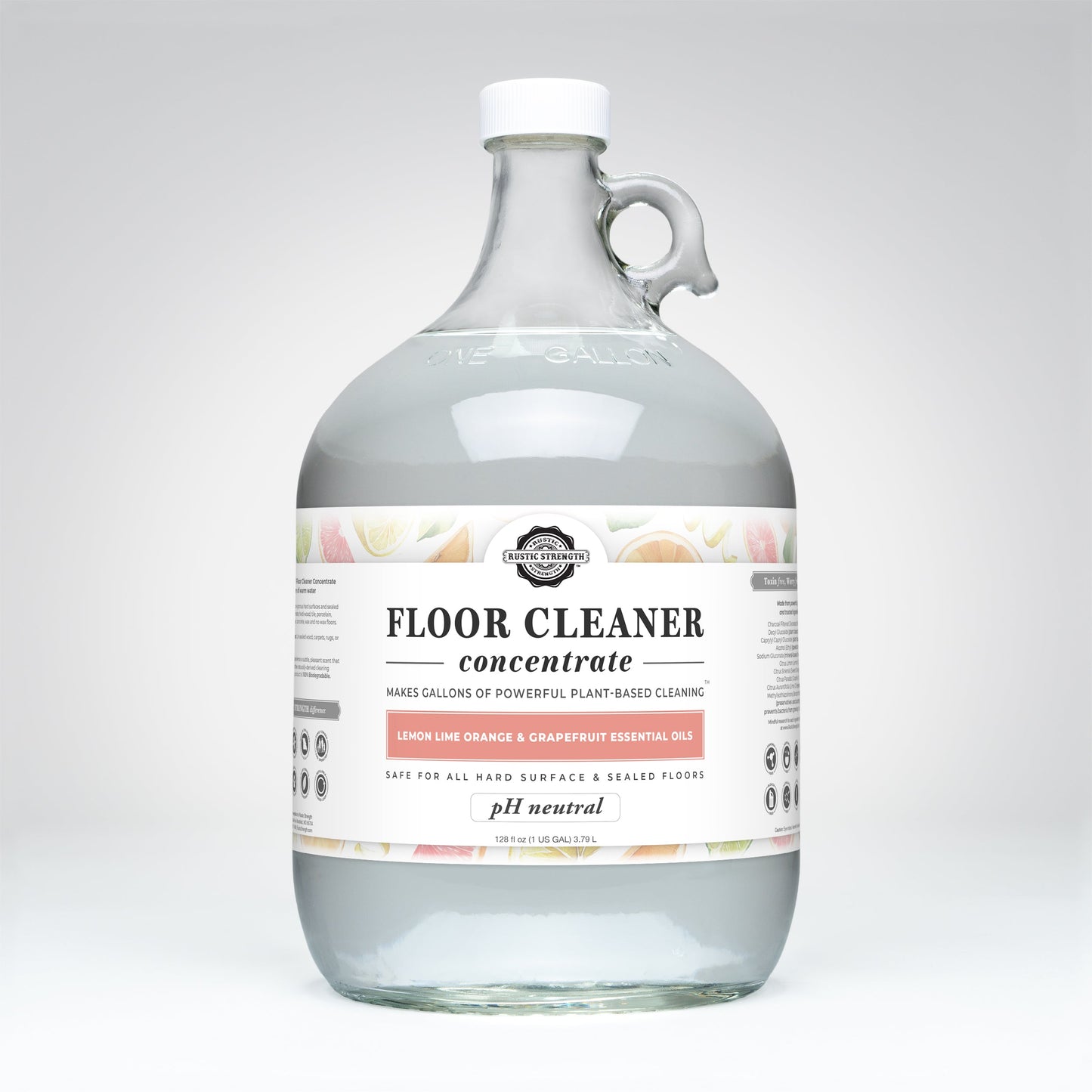 Rustic Strength Floor Cleaner Concentrate with lemon, lime, orange, and grapefruit scent in a 16 oz soap bottle with flip-top spout.
