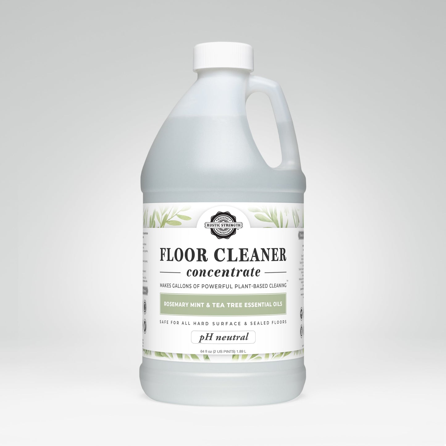 Rustic Strength floor cleaner concentrate soap with rosemary, mint, and tea tree in a 16 oz bottle with flip-top spout.