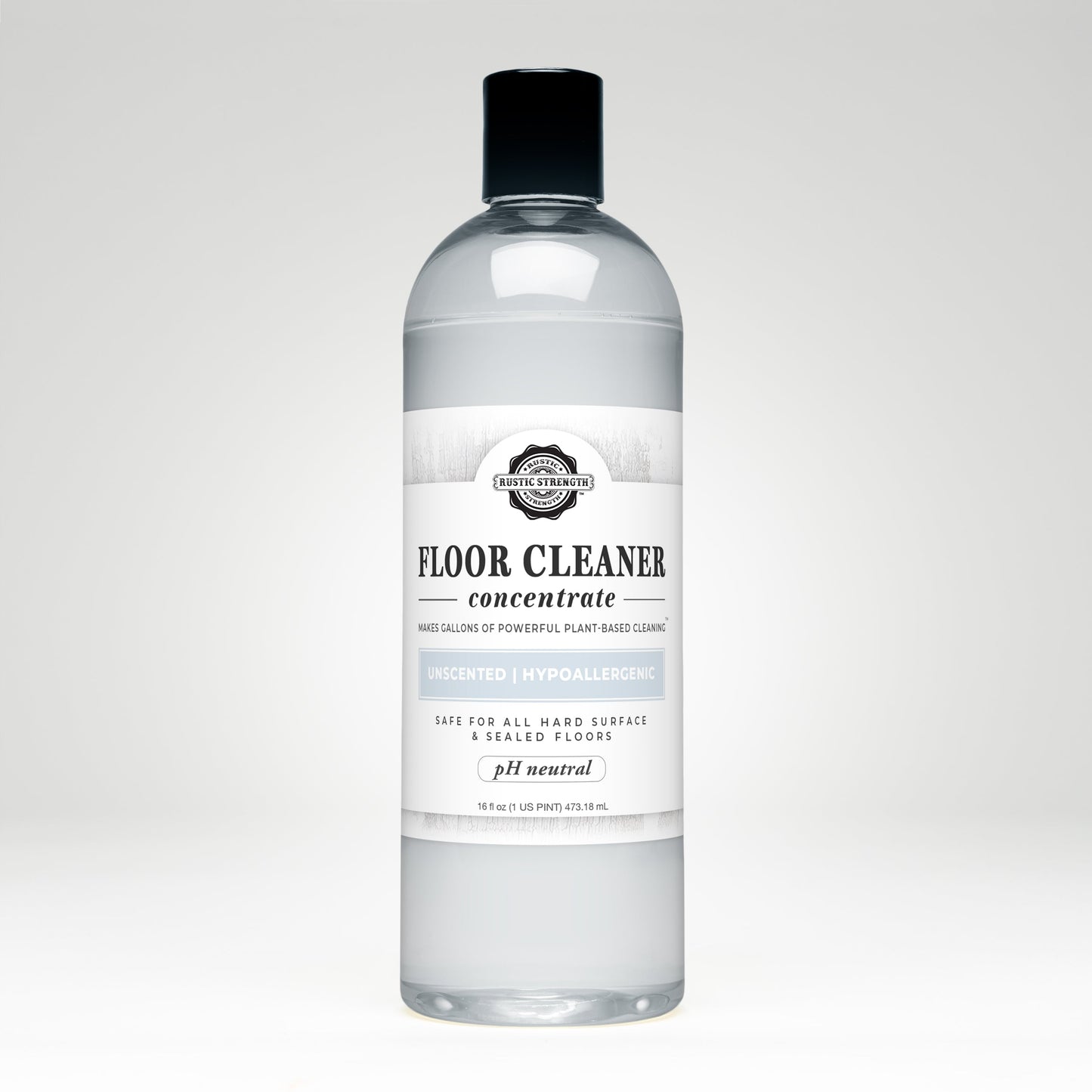 Rustic Strength unscented floor cleaner concentrate in a 16 oz soap bottle with flip-top spout, designed for effective cleaning.