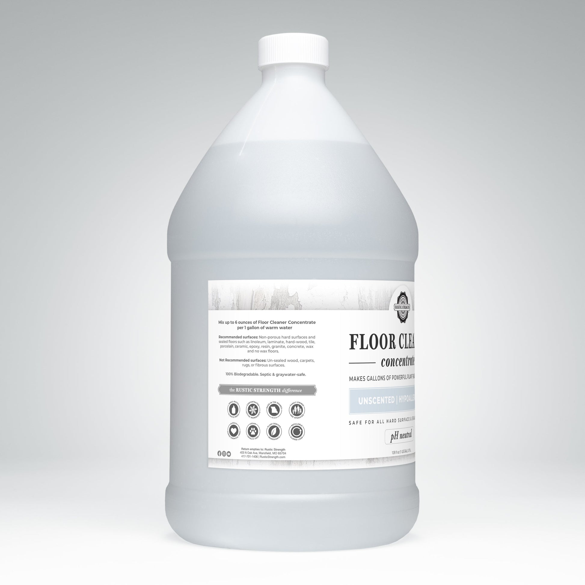 Rustic Strength unscented floor cleaner concentrate in a 16 oz soap bottle with flip-top spout.