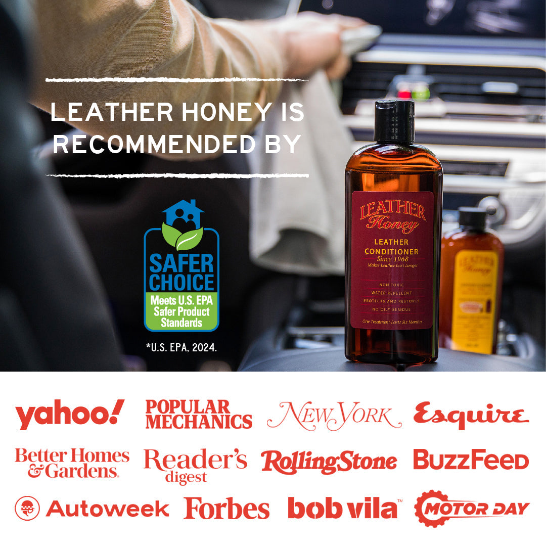 Leather Honey Leather Cleaner in a spray bottle, showing the product label and application on a leather surface.