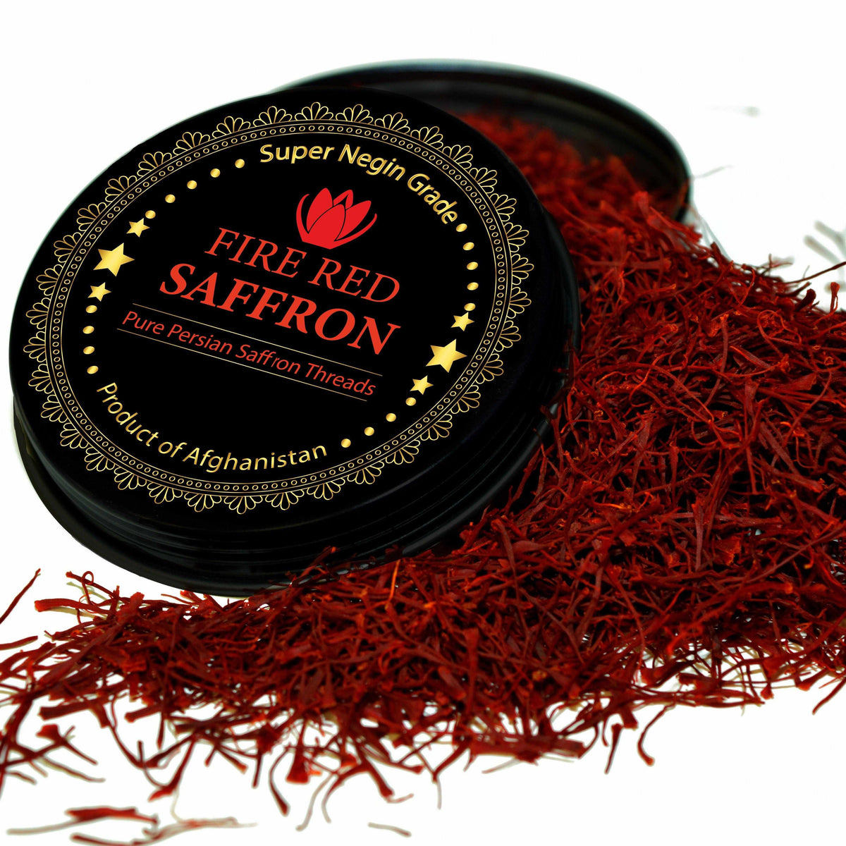 Premium Super Negin saffron threads from Vanilla Bean Kings, showcasing vibrant red saffron strands on a white background.