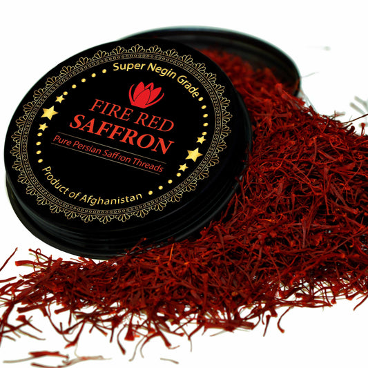 Premium Super Negin saffron threads from Vanilla Bean Kings, showcasing vibrant red saffron strands on a white background.