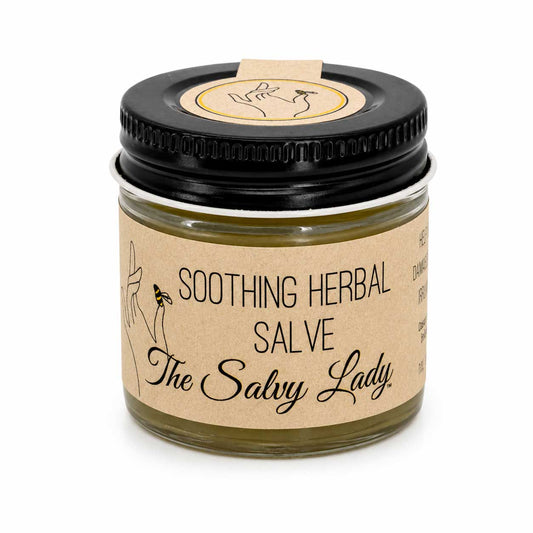 1 oz. soothing herbal salve from The Salvy Lady, natural bath and body product in a small jar with herbal ingredients.